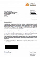 Letter from Imperial Tobacco UK to the Secretary of State for Health and Social Care, 2 September 2020